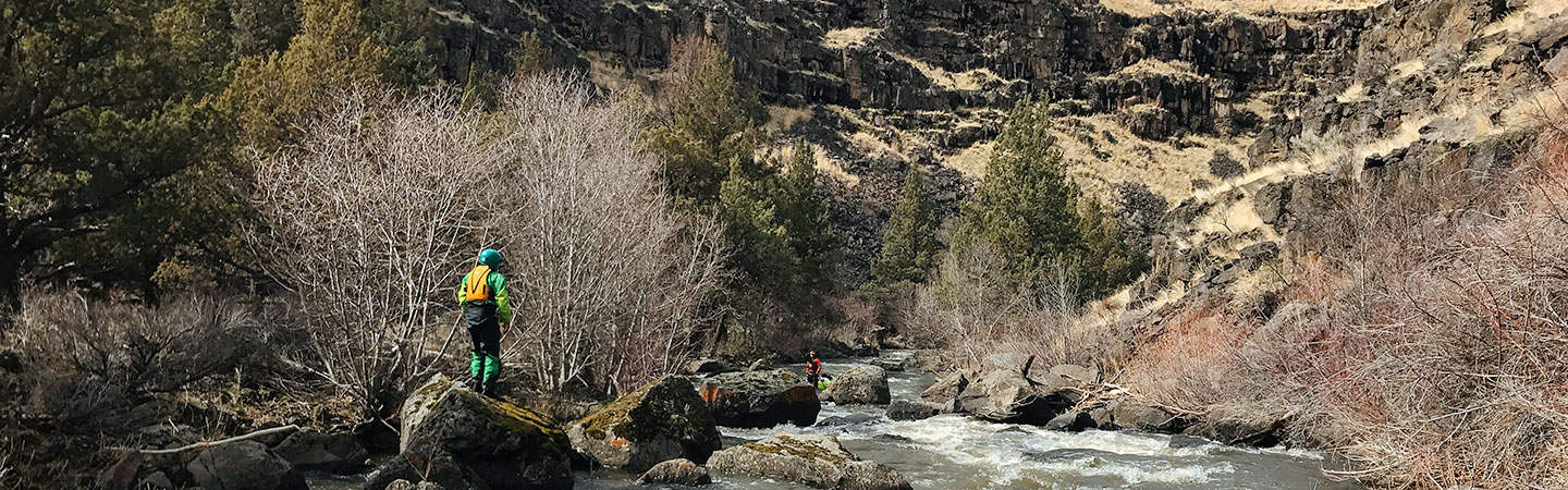Scouting the Sharp Bend Rapid on the South Fork of the Donner und Blitzen River