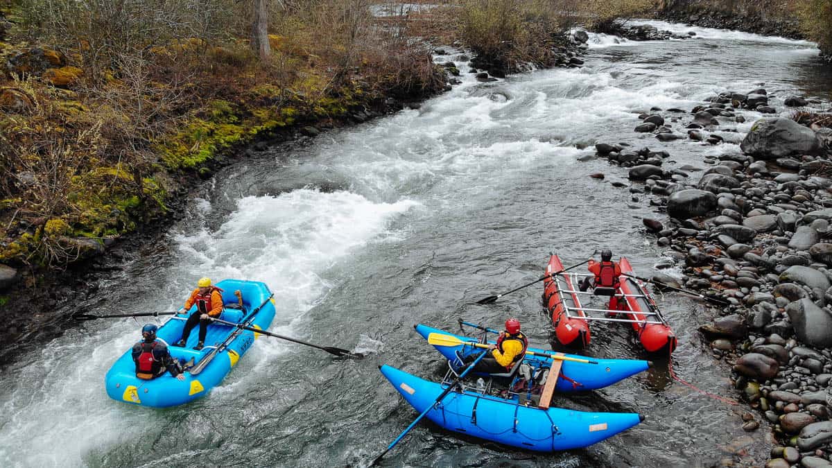 Rafts and catarafts carefully negotiating Turbothrobulator Rapid on the Hood River
