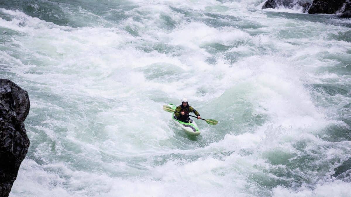 Kayaker in Oregon Hole Gorge on the Smith River