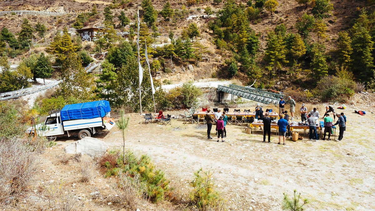 Having lunch at the put-in for the Thimphu Chhu