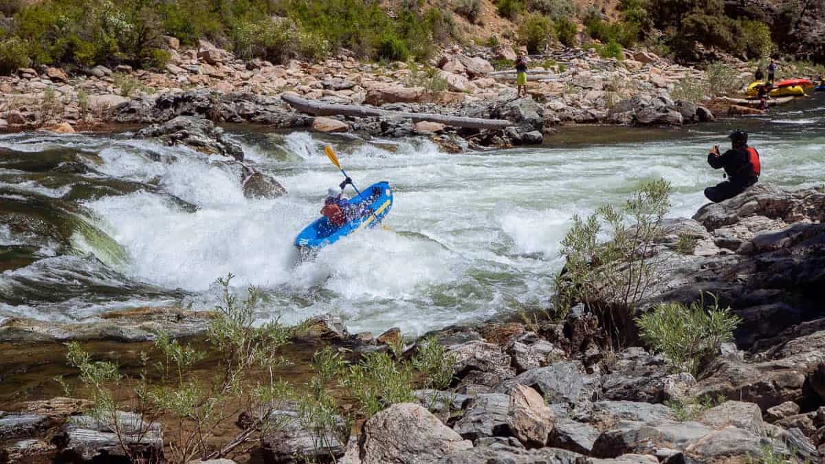 An inflatable kayak runs Tappan Falls at 3 ft.