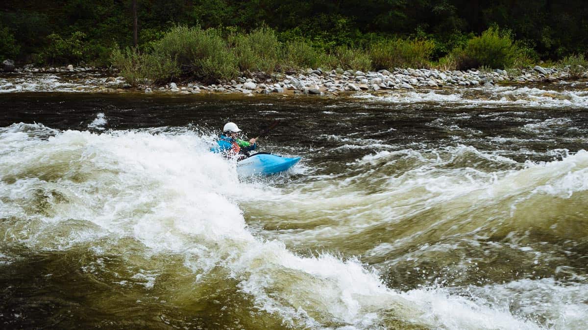 Surfing the Marble Rapid wave at 3.5 feet