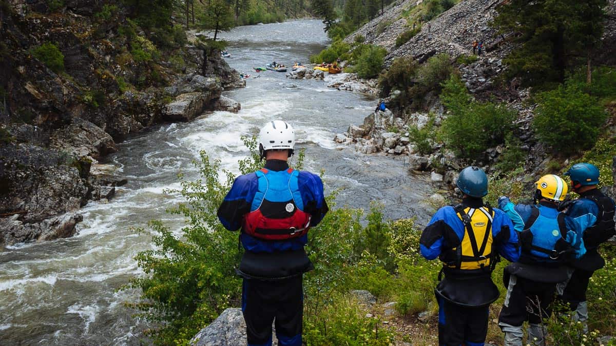 Scouting Pistol Creek Rapid on the Middle Fork of the Salmon River 