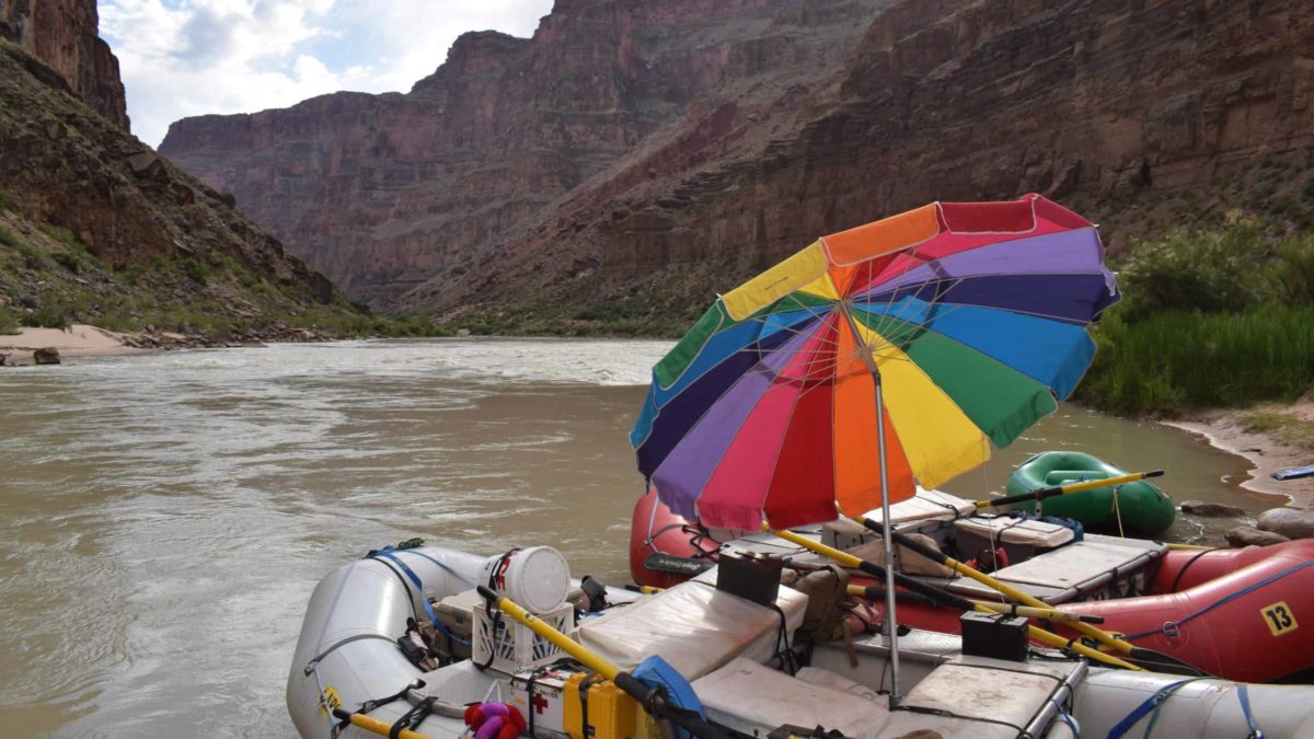 An umbrella offers shade and a splash of color.