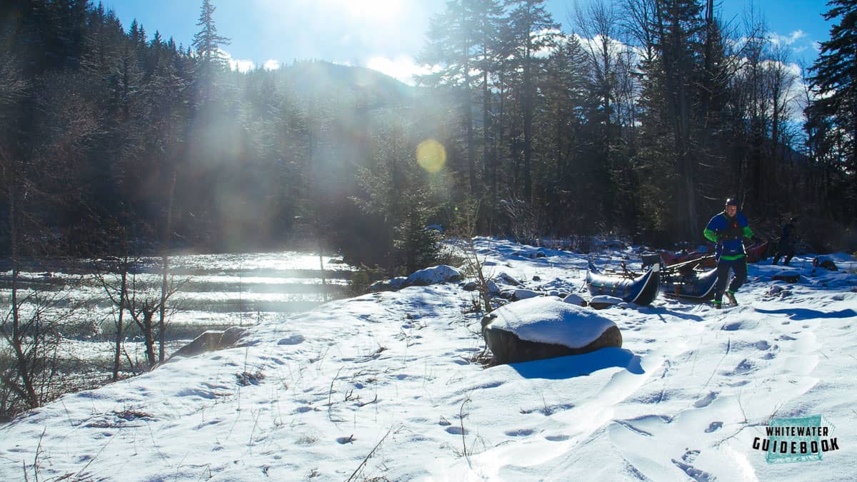 Portaging the fish ladder in the snow