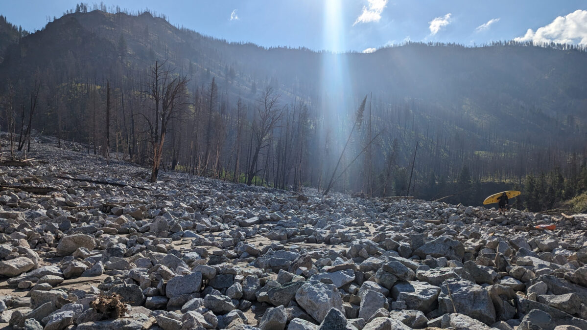 Portaging Sulphur Slide after the August 2023 landslides